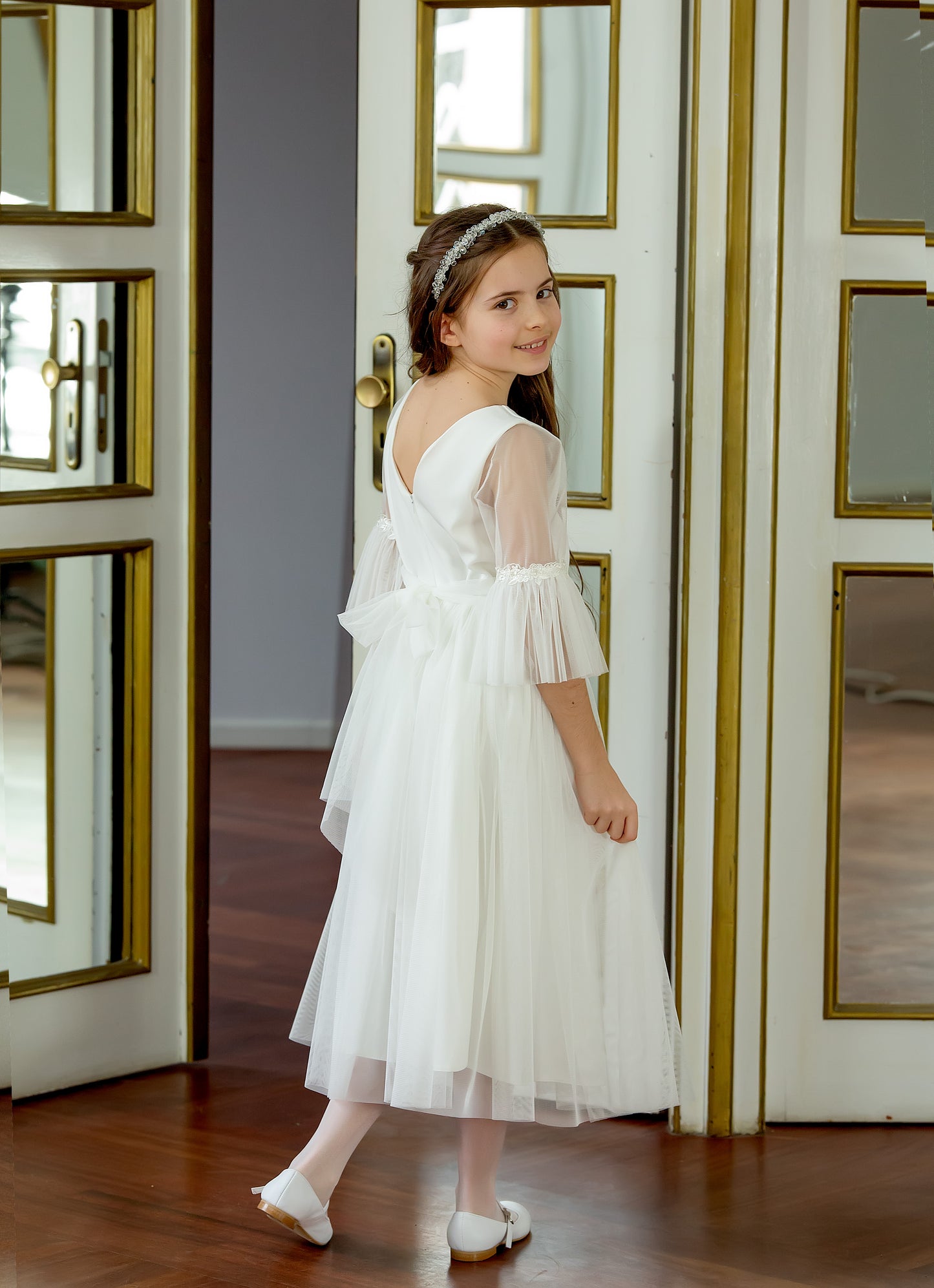 Sukienka komunijna Łucja rękaw do łokcia elegancka kolor śmietankowy