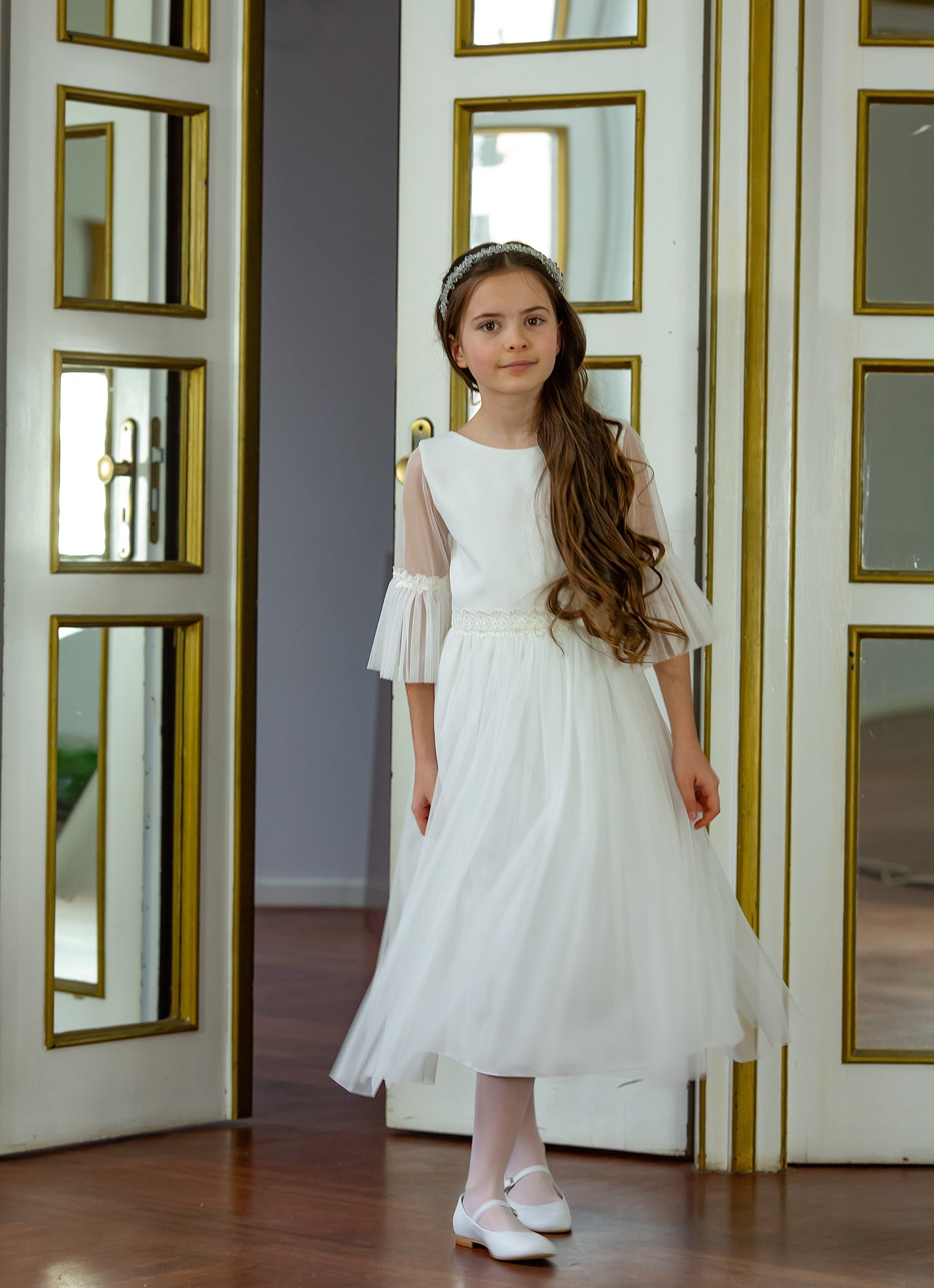 Sukienka komunijna Łucja rękaw do łokcia elegancka kolor śmietankowy