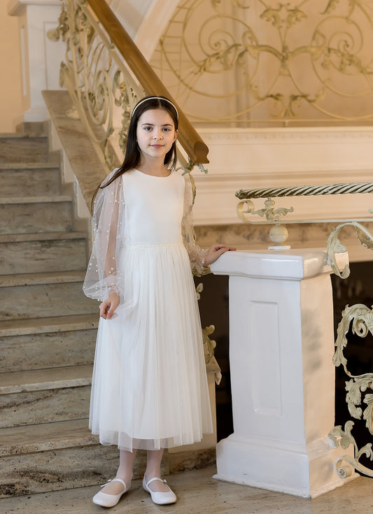 Elegancka Sukienka komunijna z perełkami na rękawach śmietanka